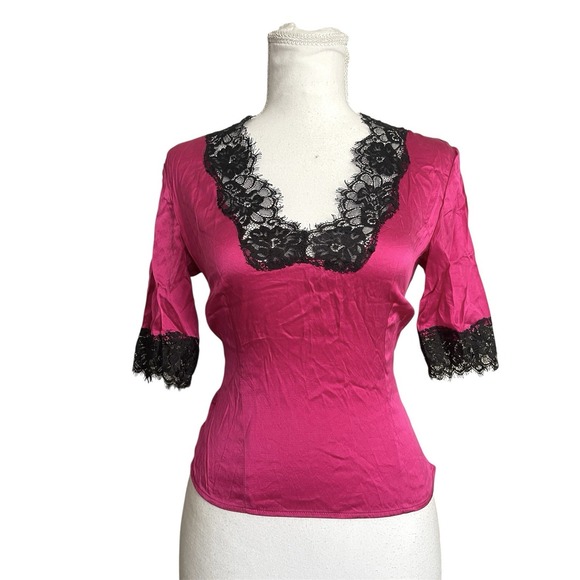 Vintage Moda International Y2k Pink Silk Stretch Lace Trim Babydoll Coquette Top - Picture 9 of 12